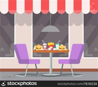 Served fast food on table of bistro vector. Canopy on roof of restaurant, burgers and soda drinks in plastic cups, french fries fried potato on desk. Restaurant Terrasse with Table and Served Food