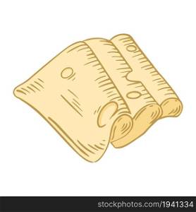 Served folded slices of cheese with holes, drawn vector illustration. Isolated plate of engraving handmade cheese. Maasdam dairy natural food sketch.. Served folded slices of cheese with holes, drawn vector illustration.