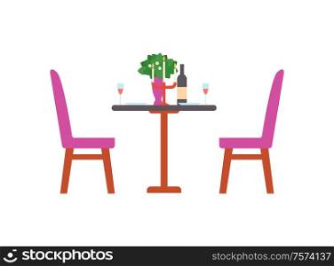 Served romantic table with bottle of wine, chandelier with burning candles, flower bouquet, plates and glasses. Vector diningtable, cafe or restaurant furniture. Served Romantic Table. Bottle of Wine, Chandelier