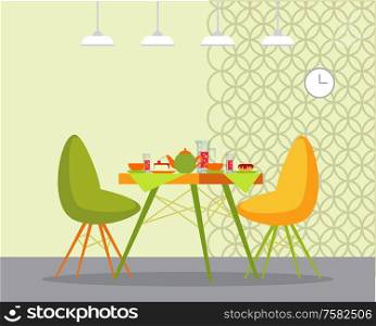 Served table and couple of chairs indoor. Interior of room, hanging lamps and clock. Teapot with cups, cake and donat on plate and glass dishes vector. Served Table and Couple of Chairs Indoor Vector