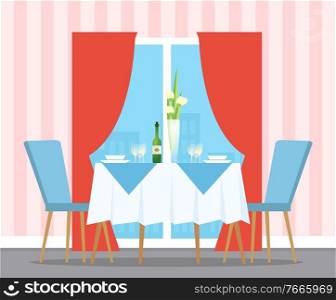 Served table ch&agne glasses and bottle, decorated by tablecloth and flowers, couple chairs indoor. Room with panoramic window and curtains vector. Served Table for Couple Indoor, Glasses Vector