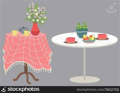 Served table with teapot, cups and flowers in red vase. Kitchen furniture. Dishes and tableware. Plate with different fruits, sweet home vector illustration. Tables Set with Cups, Dishes and Flowers Vector