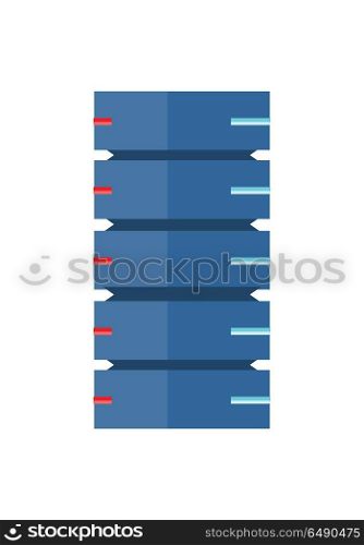 Server and Computer Networking Hardware Icon. Vector server and computer networking hardware icon. Blue servers and hardwares for internet data center. Server rack cluster of five computers. Vector illustration in flat design.