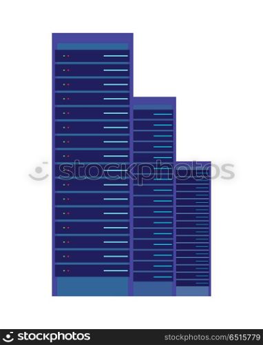 Server and Computer Networking Hardware Icon. Vector server and computer networking hardware icon. Blue servers and hardwares for internet data center. Server rack cluster of computers. Vector illustration in flat design.