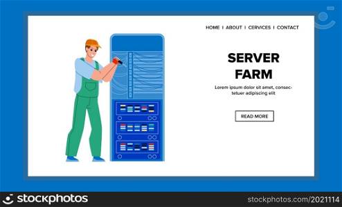 Server Farm Fix Maintenance Service Worker Vector. Man With Screwdriver Checking And Fixing Server Farm. Character Engineer And Electronic Computing Equipment Web Flat Cartoon Illustration. Server Farm Fix Maintenance Service Worker Vector