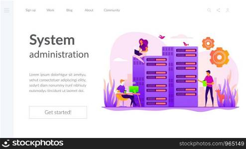 Server farm, mainframe maintenance. Datacenter diagnostics and support. System administration, network upkeeping, computer systems configuration concept. Website homepage header landing web page template.. System administration landing page template