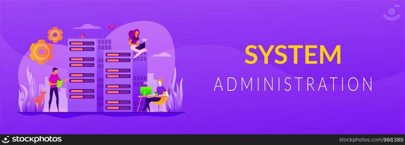 Server farm, mainframe maintenance. Datacenter diagnostics and support. System administration, network upkeeping, computer systems configuration concept. Header or footer banner template with copy space.. System administration web banner concept