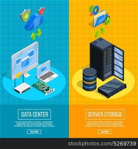 Server Hardware Vertical Banners. Set of two vertical datacenter banners with isometric client and server side equipment images vector illustration