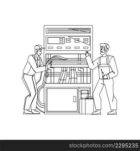 Server Management And Technician Support Black Line Pencil Drawing Vector. Server Management And Technical Maintenance Making Men Electric Workers. Characters Computer Repair Service Illustration. Server Management And Technician Support Vector