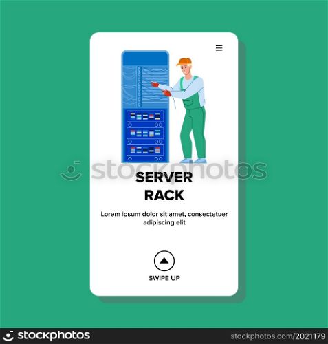 Server Rack Expertise Make Maintenance Man Vector. Computing Server Rack Checking And Repairing Service Worker. Character Fix Equipment Electronic Trouble Web Flat Cartoon Illustration. Server Rack Expertise Make Maintenance Man Vector