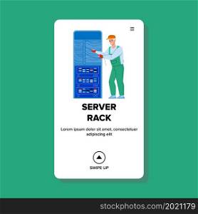 Server Rack Expertise Make Maintenance Man Vector. Computing Server Rack Checking And Repairing Service Worker. Character Fix Equipment Electronic Trouble Web Flat Cartoon Illustration. Server Rack Expertise Make Maintenance Man Vector