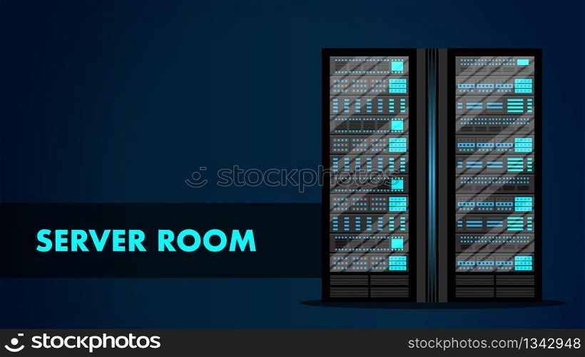Server Room Concept. Web Hosting Center Data Bank. Web Hosting Provider Sequrity. Computer Rack Storage Infrastructure. Database Information Backup Farm. Modern Cluster Unit Hardware.. Server Room Concept. Web Hosting Center Data Bank.