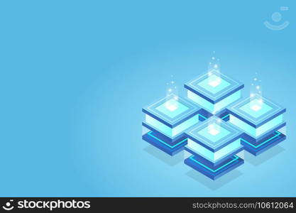 Server room isometric, Cloud storage data, Data center, Big data processing and computing technology. Vector illustration
