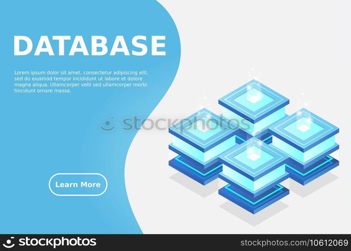 Server room isometric, Cloud storage data, Data center, Big data processing and computing technology. Vector illustration