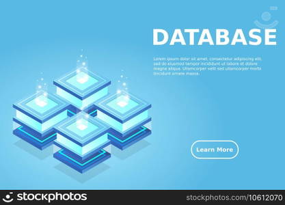Server room isometric, Cloud storage data, Data center, Big data processing and computing technology. Vector illustration