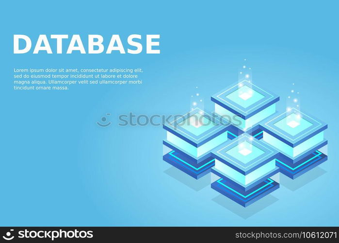 Server room isometric, Cloud storage data, Data center, Big data processing and computing technology. Vector illustration