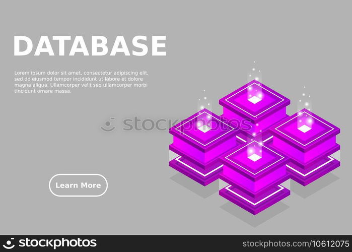 Server room isometric, Cloud storage data, Data center, Big data processing and computing technology. Vector illustration