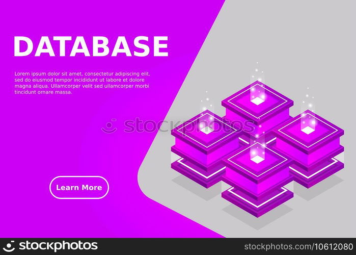 Server room isometric, Cloud storage data, Data center, Big data processing and computing technology. Vector illustration