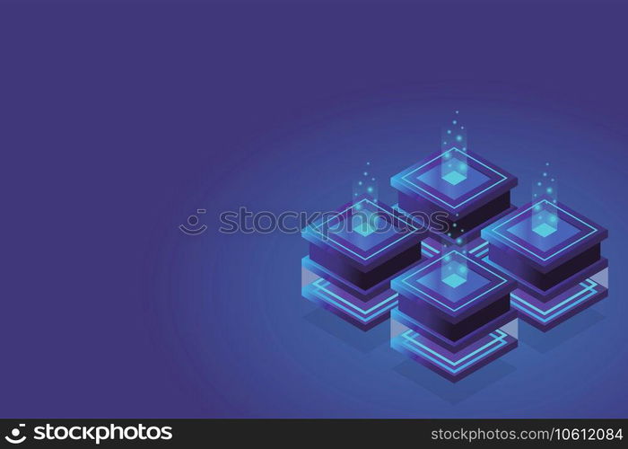Server room isometric, Cloud storage data, Data center, Big data processing and computing technology. Vector illustration