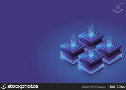 Server room isometric, Cloud storage data, Data center, Big data processing and computing technology. Vector illustration