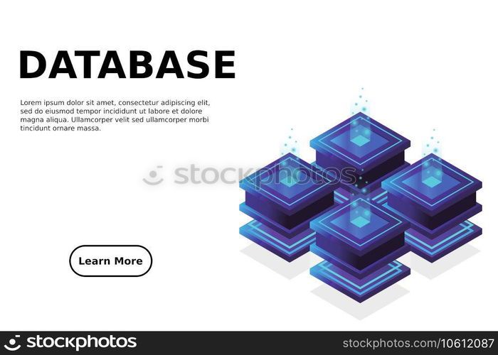 Server room isometric, Cloud storage data, Data center, Big data processing and computing technology. Vector illustration