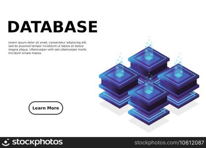 Server room isometric, Cloud storage data, Data center, Big data processing and computing technology. Vector illustration