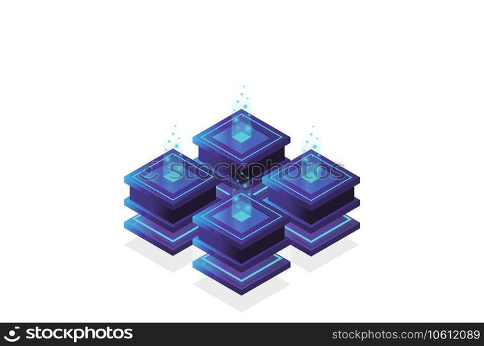 Server room isometric, Cloud storage data, Data center, Big data processing and computing technology. Vector illustration