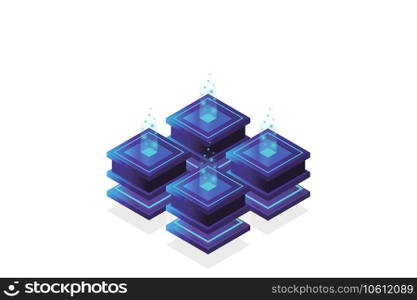 Server room isometric, Cloud storage data, Data center, Big data processing and computing technology. Vector illustration
