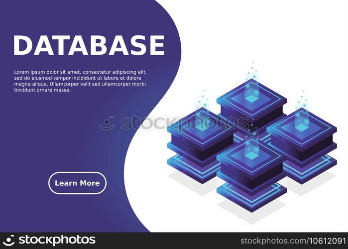 Server room isometric, Cloud storage data, Data center, Big data processing and computing technology. Vector illustration