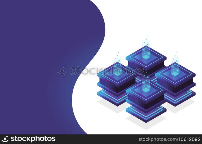 Server room isometric, Cloud storage data, Data center, Big data processing and computing technology. Vector illustration
