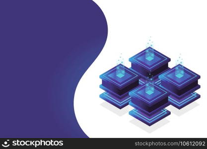 Server room isometric, Cloud storage data, Data center, Big data processing and computing technology. Vector illustration