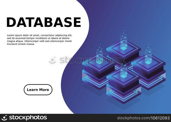 Server room isometric, Cloud storage data, Data center, Big data processing and computing technology. Vector illustration