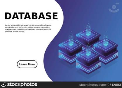 Server room isometric, Cloud storage data, Data center, Big data processing and computing technology. Vector illustration