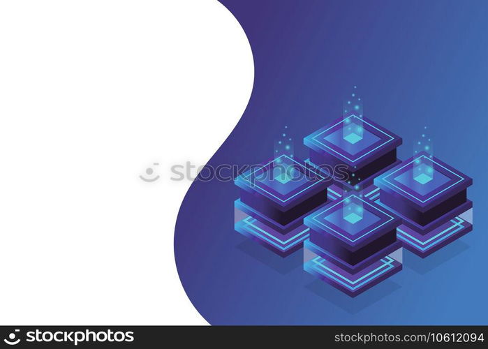 Server room isometric, Cloud storage data, Data center, Big data processing and computing technology. Vector illustration