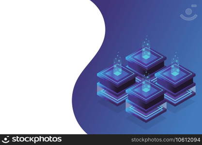 Server room isometric, Cloud storage data, Data center, Big data processing and computing technology. Vector illustration