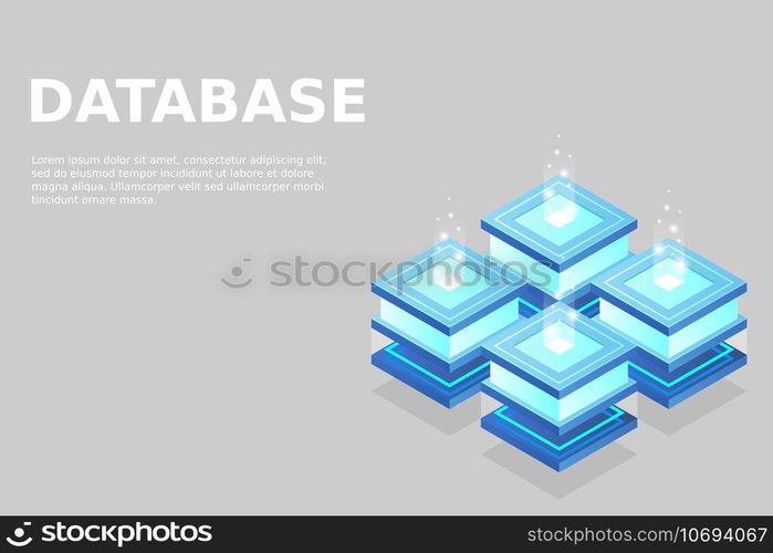 Server room isometric, Cloud storage data, Data center, Big data processing and computing technology. Vector illustration