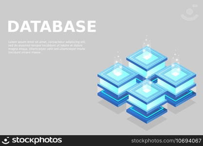 Server room isometric, Cloud storage data, Data center, Big data processing and computing technology. Vector illustration