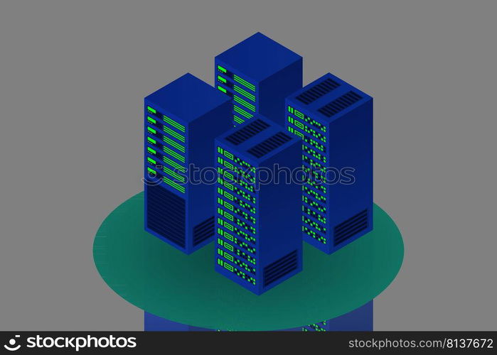 Server room isometric, Cloud storage data, Data center, Big data processing and computing technology. Vector illustration