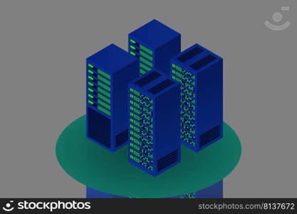 Server room isometric, Cloud storage data, Data center, Big data processing and computing technology. Vector illustration