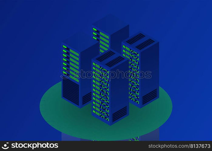 Server room isometric, Cloud storage data, Data center, Big data processing and computing technology. Vector illustration