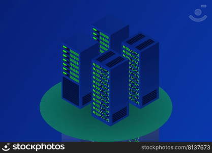 Server room isometric, Cloud storage data, Data center, Big data processing and computing technology. Vector illustration