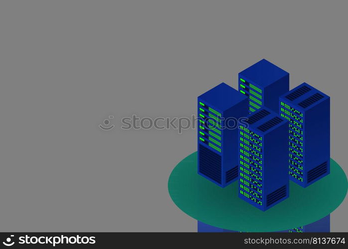 Server room isometric, Cloud storage data, Data center, Big data processing and computing technology. Vector illustration
