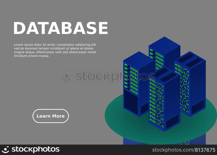 Server room isometric, Cloud storage data, Data center, Big data processing and computing technology. Vector illustration