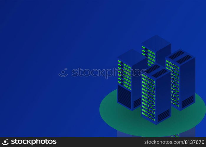 Server room isometric, Cloud storage data, Data center, Big data processing and computing technology. Vector illustration
