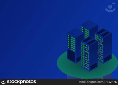 Server room isometric, Cloud storage data, Data center, Big data processing and computing technology. Vector illustration