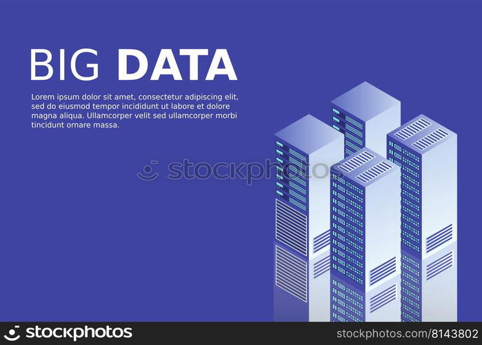 Server room isometric, Cloud storage data, Data center, Big data processing and computing technology. Vector illustration