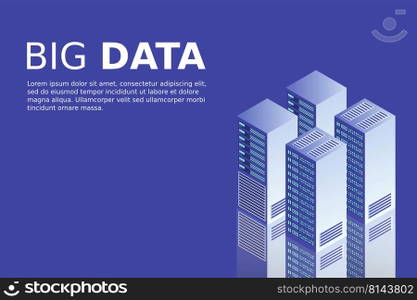 Server room isometric, Cloud storage data, Data center, Big data processing and computing technology. Vector illustration