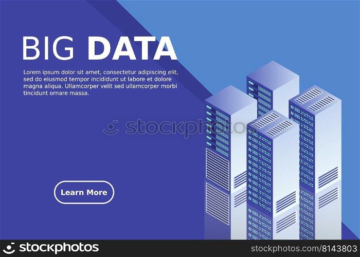 Server room isometric, Cloud storage data, Data center, Big data processing and computing technology. Vector illustration