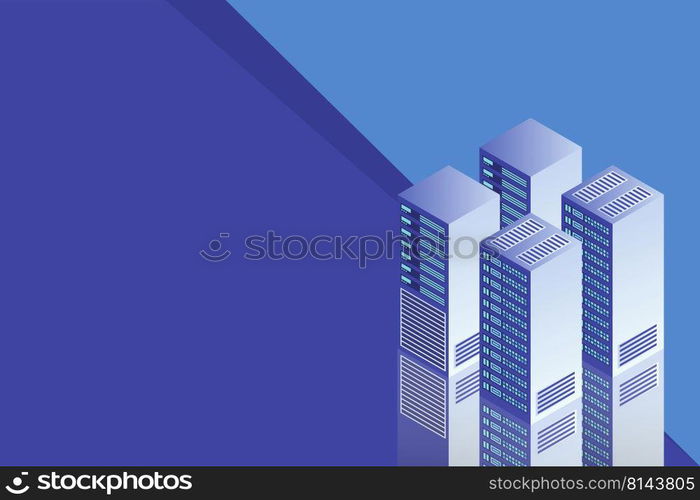Server room isometric, Cloud storage data, Data center, Big data processing and computing technology. Vector illustration