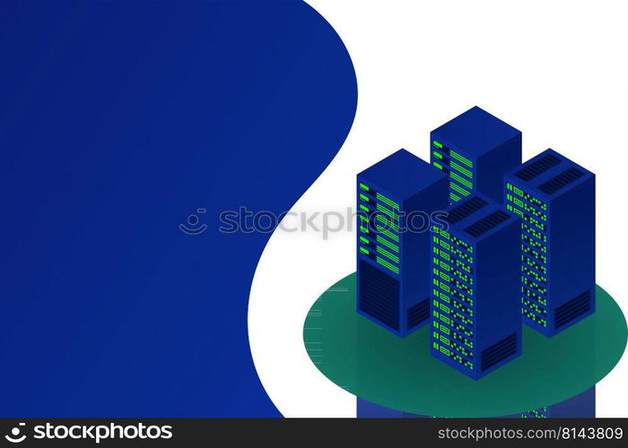 Server room isometric, Cloud storage data, Data center, Big data processing and computing technology. Vector illustration